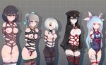  akitsu_maru_(kantai_collection) arms_behind_back ball_gag bangs bdsm black_legwear blush bondage bound breasts clothes_pin collar crotch_rope gag gag_around_neck haguro_(kantai_collection) hair_over_one_eye hamakaze_(kantai_collection) harness highres i-19_(kantai_collection) kantai_collection large_breasts lineup medium_breasts morisova multiple_girls navel nipple_clamps nipples panties panty_pull pantyhose pink_panties pussy_juice rope shibari shibari_over_clothes small_breasts tears thighhighs underwear ungagged vibrator white_legwear white_panties yuubari_(kantai_collection) 