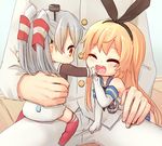  :d ^_^ admiral_(kantai_collection) amatsukaze_(kantai_collection) baby bad_id bad_pixiv_id blonde_hair blush closed_eyes commentary diaper elbow_gloves gloves hat headband holding_finger kantai_collection multiple_girls open_mouth orange_eyes sawatari_(sado) shimakaze_(kantai_collection) silver_hair smile thighhighs two_side_up younger 