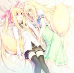  animal_ears blonde_hair fox_ears fox_tail green_eyes long_hair multiple_girls original peragura red_eyes tail thighhighs twintails yuri 