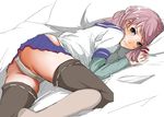  akashi_(kantai_collection) ass bad_id bad_pixiv_id blush green_eyes hair_ribbon hip_vent kantai_collection kirieppa long_hair long_sleeves looking_at_viewer lying on_side panties pink_hair ribbon school_uniform serafuku short_hair skirt solo thighhighs underwear white_panties 