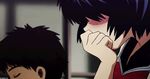  animated animated_gif black_hair blush classroom desk laughing nazo_no_kanojo_x school_uniform short_hair urabe_mikoto 