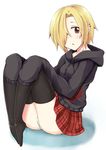  bags_under_eyes black_legwear blonde_hair blush brown_eyes earrings hair_over_one_eye hood hood_down hoodie idolmaster idolmaster_cinderella_girls jewelry looking_at_viewer open_mouth panties pantyshot pantyshot_(sitting) shirasaka_koume short_hair sitting skirt sleeves_past_fingers sleeves_past_wrists solo thighhighs underwear white_panties zanku 