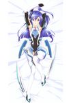 absurdres armor armpits arms_up bangs bare_shoulders bed_sheet black_gloves blade blue_hair boots breasts covered_navel d: dakimakura detached_sleeves elbow_gloves from_above full_body gloves greaves hair_between_eyes headphones highres kazanari_tsubasa leotard lying official_art on_back on_bed one_side_up open_mouth purple_eyes senki_zesshou_symphogear slender_waist small_breasts solo thigh_boots thighhighs vambraces white_footwear white_legwear 