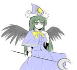  blue_capelet bow capelet crescent dress green_eyes green_hair hat kita_(higan) long_hair mima simple_background solo staff touhou touhou_(pc-98) wings wizard_hat 