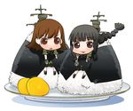  2girls :p antennae backpack bag bangs black_hair blunt_bangs braid brown_hair commentary floating_hair food full_body hirai_yukio kantai_collection kitakami_(kantai_collection) long_hair machinery multiple_girls onigiri ooi_(kantai_collection) plate rice school_uniform serafuku simple_background single_braid smile takuan tongue tongue_out triangle_mouth very_long_hair white_background 