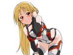  artist_request bare_shoulders bent_over blonde_hair blush bodysuit cosmic_break crimrose hair_tucking hand_on_own_head leaning_forward leotard long_hair looking_at_viewer red_eyes smile solo thighhighs 