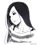  1girl black_hair bust collarbone lips long_hair looking_to_side looking_to_the_side monochrome off-shoulder_sweater original poaro sketch solo spaghetti_strap striped striped_sweater sweater twitter_username upper_body 