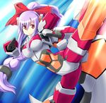  armor artist_request bodysuit braid cosmic_break hair_ornament hair_ribbon hair_tubes jikun_long kicking long_hair looking_at_viewer ponytail purple_hair red_eyes red_ribbon ribbon science_fiction solo 