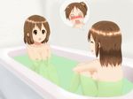  2girls @_@ back bath bathroom bathtub blush breasts brown_eyes brown_hair eyes_closed female hands_on_own_cheeks hands_on_own_face hirasawa_ui hirasawa_yui k-on! multiple_girls nipples nude open_mouth partially_submerged shared_bathing shizupu short_hair siblings sisters sitting smile thinking water 