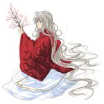  blue_eyes branch cherry_blossoms grey_hair hara_takehito highres japanese_clothes kimono long_hair original simple_background solo very_long_hair wavy_hair white_background 