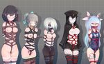  akitsu_maru_(kantai_collection) arms_behind_back ball_gag bangs bdsm blindfold blush bondage bound breasts cleave_gag cloth_gag clothes_pin collar crotch_rope gag gagged haguro_(kantai_collection) hair_over_one_eye hamakaze_(kantai_collection) harness highres i-19_(kantai_collection) improvised_gag kantai_collection lineup medium_breasts morisova multiple_girls navel nipple_clamps nipples nose_hook panties panty_pull pantyhose pink_panties pussy_juice rope shibari shibari_over_clothes small_breasts tears underwear vibrator white_panties yuubari_(kantai_collection) 