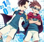  brown_hair cape crossed_arms dated dutch_angle fudou_akio goggles grin hairlocs hands_in_pockets inazuma_eleven inazuma_eleven_(series) jacket kidou_yuuto male_focus multiple_boys one_eye_closed open_clothes open_jacket open_mouth saku_anna smile soccer_uniform sportswear track_jacket 