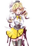  beret blonde_hair breasts drill_hair fingerless_gloves gloves hat large_breasts magical_girl mahou_shoujo_madoka_magica miuku_(marine_sapphire) open_mouth skirt skirt_lift solo striped striped_legwear thighhighs tomoe_mami twin_drills twintails yellow_eyes 