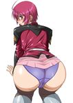  1girl ahoge all_fours artist_request ass bad_id blue_panties blush boots cameltoe gundam gundam_seed gundam_seed_destiny huge_ass jacket looking_back looking_over_shoulder lunamaria_hawke military military_uniform miniskirt panties pantyshot purple_eyes red_hair simple_background skirt thigh_boots thighhighs underwear uniform upskirt white_background yanagi_hirohiko 