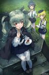  anchovy anzio_school_uniform artist_name belt beret black_hair black_skirt blonde_hair blush bow braid brown_eyes cape carpaccio carro_armato_p40 coffee coffee_pot commentary dish dress_shirt drill_hair eating fork from_above girls_und_panzer grass green_eyes green_hair ground_vehicle hair_bow hair_ribbon hat highres holding loafers long_hair long_sleeves looking_at_another looking_at_viewer looking_up military military_vehicle miniskirt motor_vehicle multiple_girls necktie outdoors pantyhose pepperoni_(girls_und_panzer) pleated_skirt red_eyes ribbon saucer school_uniform shadow shirt shoes sitting skirt smile solokov_(okb-999) spoon standing tank twin_drills twintails white_legwear yellow_eyes 