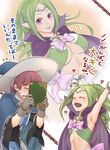  1girl armpits book bow breasts cape circlet cleavage closed_eyes fire_emblem fire_emblem:_kakusei gloves green_hair hat imagining jewelry large_breasts long_hair looking_at_viewer mamkute mamoru_(pixiv) nono_(fire_emblem) older open_mouth pendant pointy_ears ponytail purple_eyes richt_(fire_emblem) smile sweatdrop translated witch_hat 