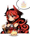  :t birthday_cake blush cake demon_girl demon_horns eating elbow_gloves flat_chest food fork gloves horns long_hair maou_beluzel ofly_(ofly252) red_eyes red_hair solo thought_bubble yuusha_to_maou 