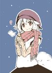  animal_ears detached_sleeves food fringe_trim hat heart inubashiri_momiji kokutei_n looking_at_viewer pom_pom_(clothes) potato red_eyes scarf short_hair silver_hair smile snow solo sweet_potato tail touhou wolf_ears wolf_tail 