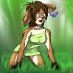  all_fours arthropod big_ears blue_eyes bottomless breasts brown_fur brown_hair butterfly cervine clothed clothing cute deer female fur gloves_(marking) hair insect kneeling mammal markings moomanibe open_mouth shirt smile spots white_belly 