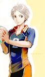  ball brown_eyes clothes_writing copyright_name cowboy_shot haikyuu!! holding holding_ball male_focus mole mole_under_eye ogino_atsuki shiny shiny_hair short_sleeves silver_hair simple_background smile solo sportswear sugawara_koushi thick_eyebrows volleyball volleyball_uniform 