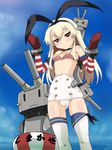  &gt;_&lt; :3 adapted_costume bikini_top black_eyes blonde_hair blue_sky blush closed_eyes cloud day gloves hairband horizontal_stripes kantai_collection lifebuoy long_hair red_gloves rensouhou-chan rokujou_mugi shimakaze_(kantai_collection) sky striped striped_bikini_top striped_gloves thighhighs white_legwear 