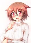  animal_ears blush breasts brown_hair fang glasses large_breasts long_sleeves looking_at_viewer open_mouth original pink_eyes ribbed_sweater short_hair simple_background smile solo sweater tekehiro turtleneck upper_body white_background 