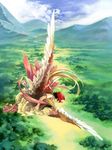  baseball_cap black_hair cloud day flying gen_1_pokemon hat highres issun_boushi_(ilmtkimoti) landscape mountain pidgeot pokemon pokemon_(creature) pokemon_(game) pokemon_rgby red_(pokemon) red_(pokemon_rgby) short_hair sky 