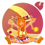  bloomers bottle bow chain closed_eyes feet gourd hair_bow horn_bow horns ibuki_suika justin_hsu long_hair ofuda open_mouth orange_hair pyramid_weight raised_fists red_bow round_image sake_bottle sandals shirt simple_background sitting skirt solo sphere touhou underwear very_long_hair white_background wrist_cuffs 