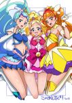  3girls amanogawa_kirara armlet asortofcolorfag big_hair blonde_hair blue_eyes blue_hair boots breasts collarbone colorized cure_flora cure_mermaid cure_twinkle detached_sleeves dress earrings gloves go!_princess_precure haruno_haruka jewelry kaidou_minami long_hair magical_girl medium_breasts midriff miyagoe_yoshitsuki multicolored_hair multiple_girls navel open_mouth orange_hair pink_hair precure puffy_sleeves purple_eyes purple_hair red_hair small_breasts smile strapless strapless_dress tongue twintails white_background white_gloves 