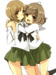  akiyama_yukari black_legwear blush brown_eyes brown_hair girls_und_panzer green_skirt hazime hug kneehighs messy_hair miniskirt multiple_girls neckerchief nishizumi_miho ooarai_school_uniform open_mouth pleated_skirt school_uniform serafuku short_hair skirt smile standing white_background yuri 