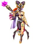  asymmetrical_clothes awesome_blossom_possum bracelet breasts center_opening cia_(zelda_musou) cleavage dark_skin full_body headgear jewelry large_breasts mask showgirl_skirt single_sleeve smile solo staff tattoo the_legend_of_zelda transparent_background white_hair zelda_musou 