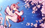  blush braid cherry_blossoms flower hair_flower hair_ornament highres long_hair lying on_side petals pink_hair red_eyes sandals sergestid_shrimp_in_tungkang short_hair shrimp side_braid single_braid skirt smile solo water xuan_ying yaguo 