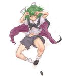  antennae blush cape green_hair highres kuro_suto_sukii looking_at_viewer lying navel on_back shirt_lift shoes shoes_removed short_hair simple_background single_shoe solo torn_clothes touhou white_background wince wriggle_nightbug 