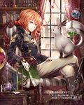 animal animal_request blonde_hair book character_request copyright_name curtains gabiran mole official_art ornate sitting smile tenkuu_no_crystalia window 