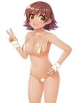  bikini breasts brown_eyes brown_hair cleavage hand_on_hip highres honda_mio idolmaster idolmaster_cinderella_girls large_breasts navel open_mouth shiny shiny_skin short_hair smile strap_gap swimsuit tan totokichi v wrist_cuffs 