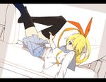  black_legwear blonde_hair couch hair_ribbon hand_on_thigh kirisaki_chitoge long_hair looking_at_viewer lying nisekoi on_back onioohashi ribbon school_uniform skirt solo thighhighs 