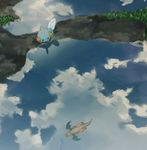 blue_sky cloud day dragon dragonite flying from_above gen_1_pokemon gen_3_pokemon grass ground linaria_(ookinahitomi) looking_at_another mudkip no_humans outdoors pokemon pokemon_(creature) puddle reflection sky water 
