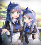  2girls :d :o apron aqua_eyes bangs battle_girl_high_school black_dress blue_hair blue_neckwear blue_ribbon blurry blurry_background blush breasts collared_dress commentary_request day depth_of_field dress eyebrows_visible_through_hair frilled_apron frills highres juliet_sleeves kiyosato0928 light_particles long_hair long_sleeves looking_at_viewer maid maid_apron maid_headdress medium_breasts multiple_girls open_mouth outdoors parted_lips puffy_sleeves ribbon sidelocks smile very_long_hair white_apron 