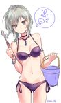  anastasia_(idolmaster) bad_id bad_pixiv_id bangs bikini blush bracelet breasts bucket closed_mouth eyebrows_visible_through_hair grey_eyes head_tilt highres holding holding_bucket idolmaster idolmaster_cinderella_girls jewelry looking_at_viewer medium_breasts navel necklace paopao purple_bikini rake shiny shiny_skin short_hair side-tie_bikini side-tie_bottom silver_hair simple_background speech_bubble swimsuit white_background 