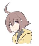  ahoge brown_hair highres hood hoodie huge_ahoge linne purple_eyes red_seiryu short_hair sketch solo under_night_in-birth upper_body 