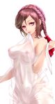  bad_id bad_pixiv_id blush braid breasts brown_eyes brown_hair covered_nipples hair_ribbon large_breasts mouth_hold navel nipples original pukel ribbon see-through short_hair simple_background solo white_background 