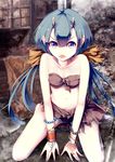  bangle blue_hair bracelet fangs highres horns jewelry konkito long_hair looking_at_viewer navel oni open_mouth original pointy_ears purple_eyes solo twintails very_long_hair 