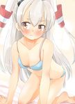  aiba_kou all_fours amatsukaze_(kantai_collection) arm_support blue_bra blue_panties blush bow bow_bra bra breasts brown_eyes kantai_collection lace lace-trimmed_bra long_hair panties silver_hair small_breasts solo sweatdrop two_side_up underwear underwear_only 