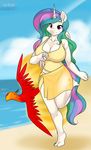  anthro anthrofied avian barefoot beach big_breasts bird breasts cleavage clothed clothing cutie_mark duo equine feathers female fire friendship_is_magic fur hair horn human_feet kloudmutt long_hair looking_at_viewer mammal multi-colored_hair my_little_pony philomena_(mlp) phoenix princess_celestia_(mlp) purple_eyes running sea seaside smile swimsuit water white_fur winged_unicorn wings 