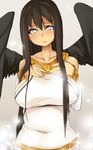  black_hair breasts brll covered_navel highres large_breasts light_smile long_hair looking_at_viewer mabinogi morrighan solo sparkle white_eyes wings 