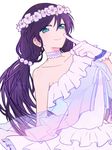  aqua_eyes arm_at_side azsw bare_shoulders collarbone dress finger_to_mouth flower frilled_skirt frills gloves hair_ornament head_wreath light_smile long_hair looking_at_viewer love_live! love_live!_school_idol_project off_shoulder purple_hair skirt solo toujou_nozomi twintails white_dress white_gloves yume_no_tobira 