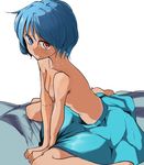  arm_support barefoot bed_sheet blue_eyes blue_hair blue_skirt blush breasts collarbone commentary_request daitoutei kneeling leaning_forward looking_at_viewer nipples orange_eyes short_hair skirt skirt_set small_breasts solo staring tatara_kogasa topless touhou wet 