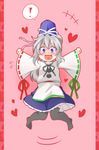  1girl :d bad_id bad_pixiv_id blue_eyes frilled_skirt frills hat heart heart_in_mouth mononobe_no_futo open_mouth outstretched_arms ponytail ribbon-trimmed_sleeves ribbon_trim silver_hair skirt smile solo spoken_exclamation_mark spread_arms tate_eboshi thighhighs totoharu_(kujirai_minato) touhou wide_sleeves 