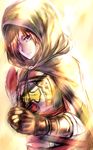  brown_gloves cloak dannrei3636 dark_souls_ii dress emerald_herald feathers gloves hair_over_one_eye hands_clasped hood hooded_cloak own_hands_together purple_eyes short_hair solo souls_(from_software) 