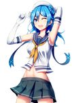  armpits blue_eyes blue_hair elbow_gloves gloves hat hat_ribbon highres kantai_collection konkito looking_at_viewer midriff navel one_eye_closed open_mouth orange_neckwear ribbon school_uniform serafuku short_hair simple_background skirt sleeves_rolled_up solo urakaze_(kantai_collection) white_background white_gloves white_hat 